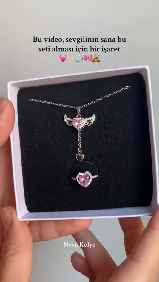 Pandora Kutusunda Gümüş Kaplama Sevgi Meleği Kolye + Yüzük Seti