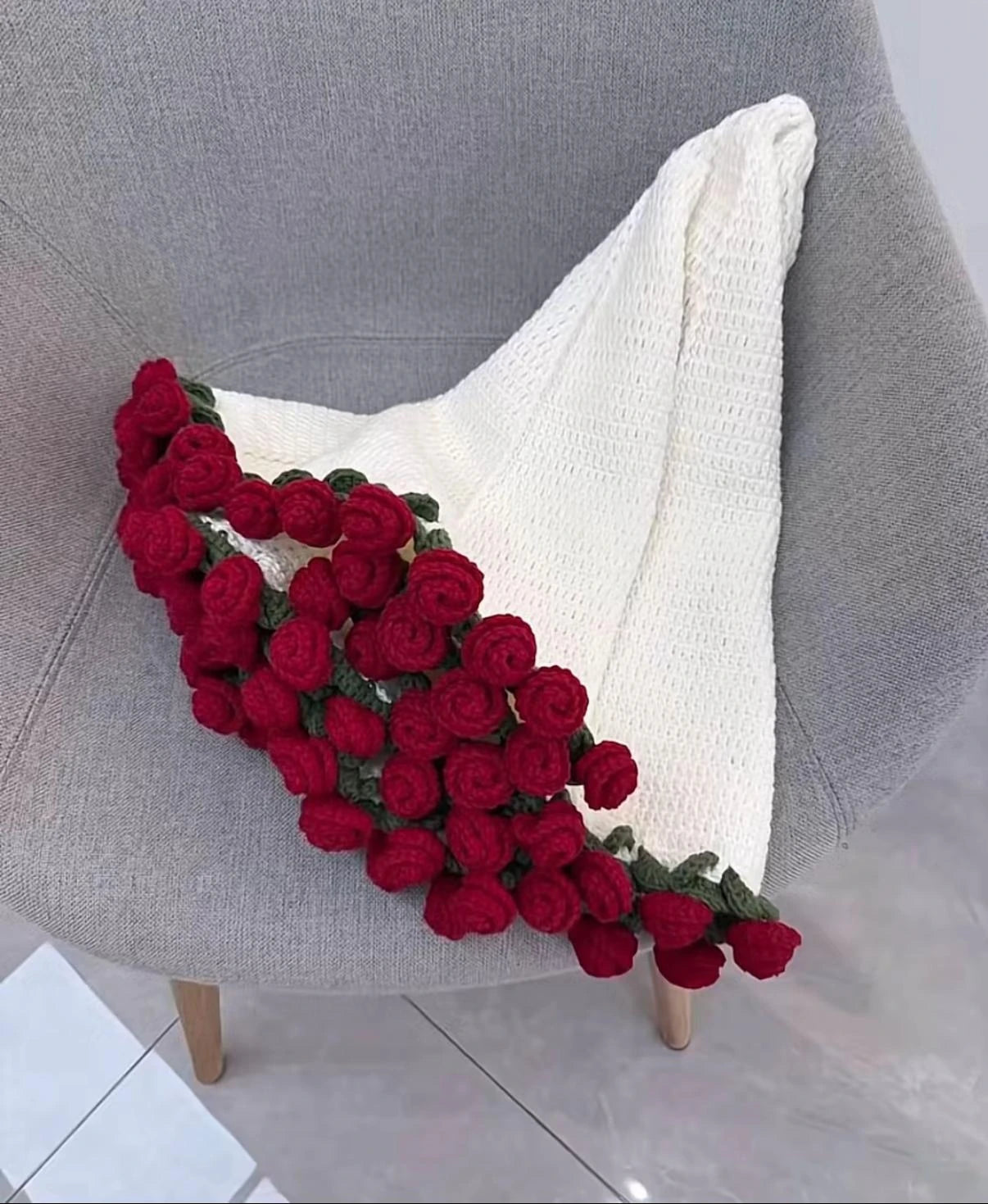El Yapımı Kırmızı Gül Detaylı Şal ve Battaniye 🌹🧶