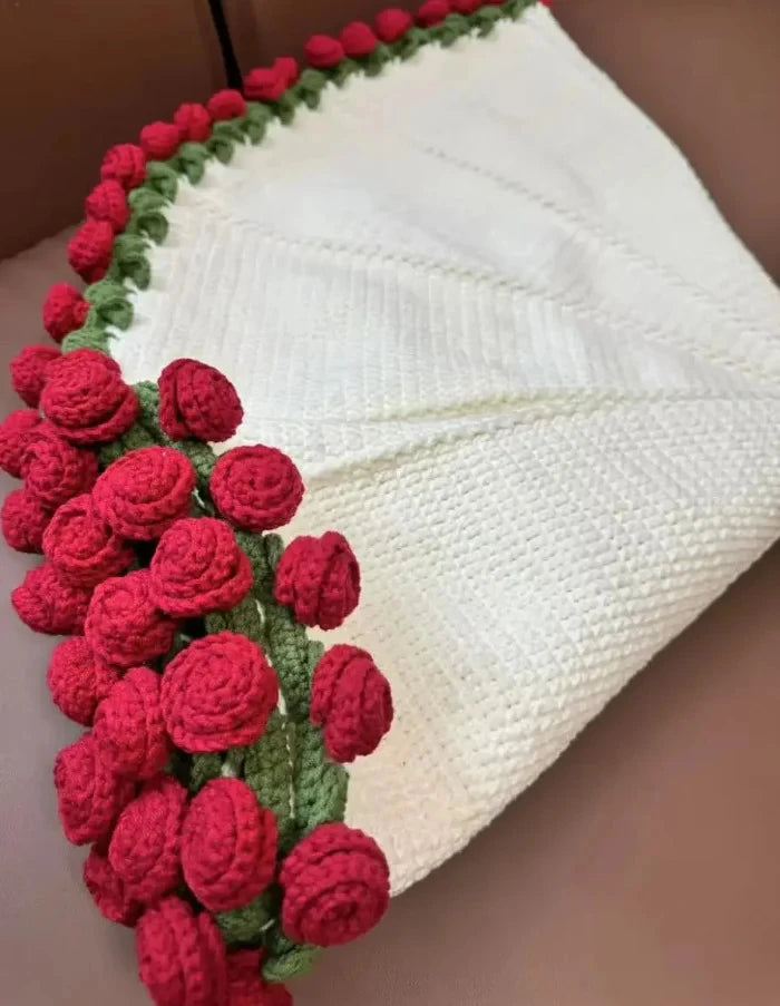 El Yapımı Kırmızı Gül Detaylı Şal ve Battaniye 🌹🧶