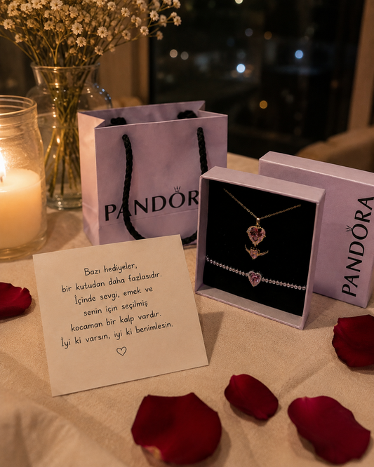 ( Özel Notlu ) Pandora Kutusu ve Çantasında Hearts Kolye Seti ( Kolye + Yüzük + Bileklik )