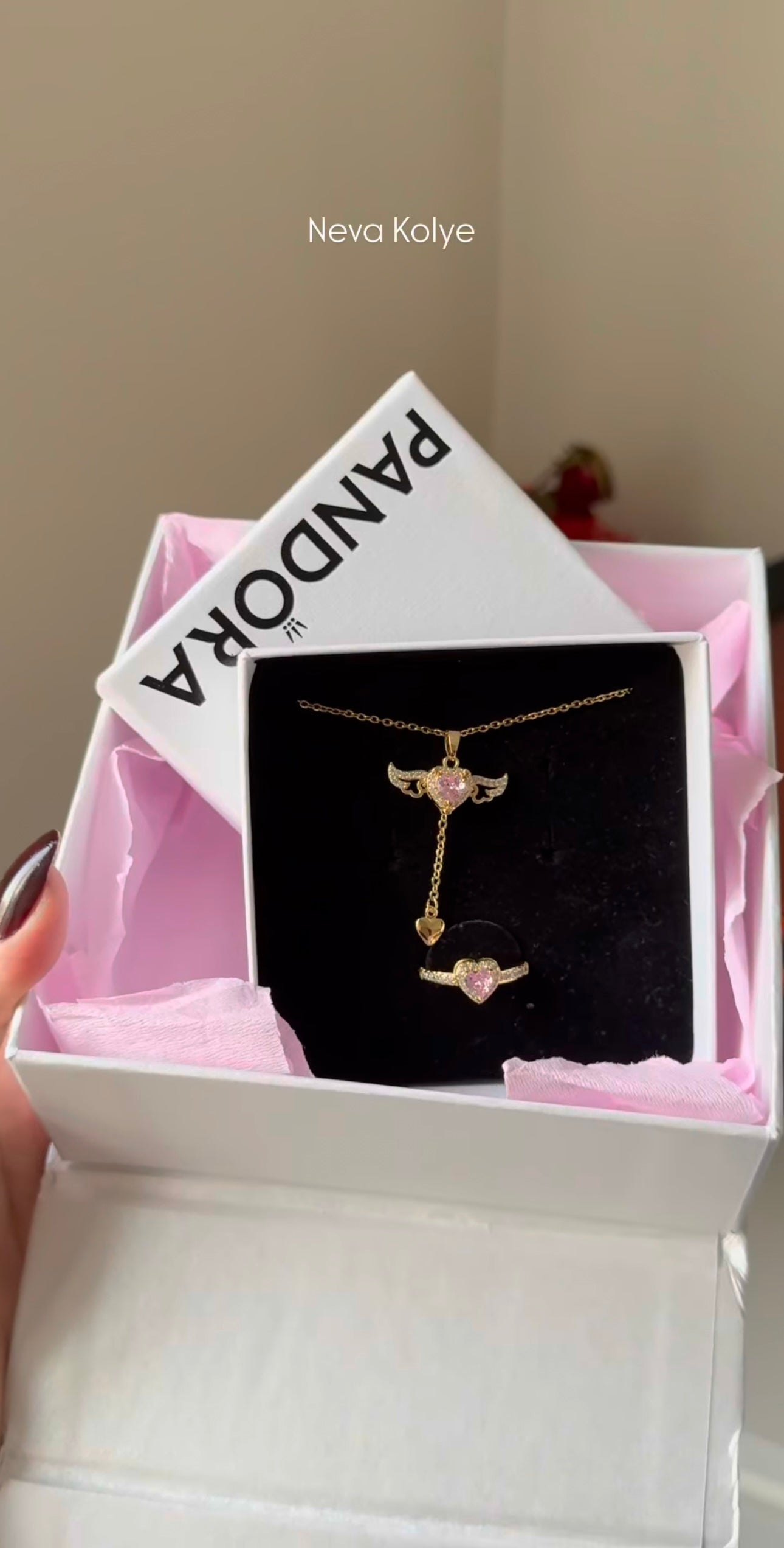 Özel Pandora Kutusunda Altın Kaplama Sevgi Meleği Kolye + Yüzük