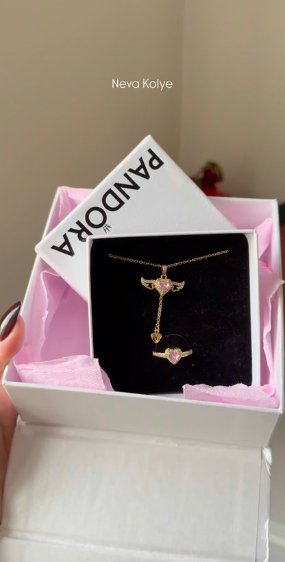 Özel Pandora Kutusunda Altın Kaplama Sevgi Meleği Kolye + Yüzük