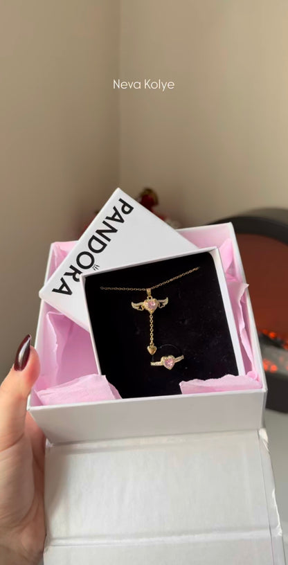 Özel Pandora Kutusunda Altın Kaplama Sevgi Meleği Kolye + Yüzük