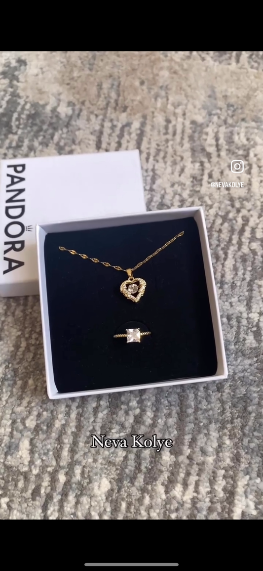 Pandora Kutusunda Kalp Kolye + Tek Taş yüzük
