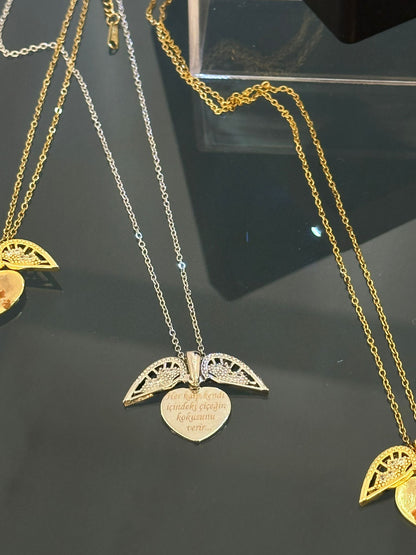 14 Ayar Altın Kaplama Özel Kanatlı Kalp Kolye